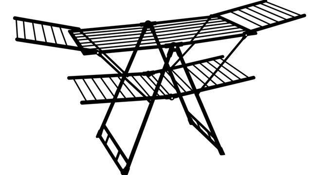 Black silhouette of a folding clothes drying rack on a white background
