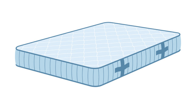 Blue mattress with quilted texture and corner tabs is illustrated