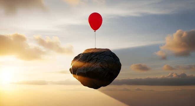 Red Balloon Attached to Floating Rock Symbolizing Balance, Whimsy and Surreal Paradox