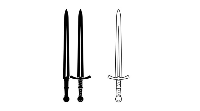 Two medieval swords one black silhouette and one white outline on a white background