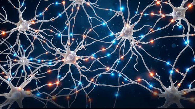 Nerve cells network, white neurons blue orange impulses, dark backdrop science. Neural synapse connection brain activity concept, nervous system. Nerve cells network