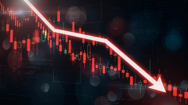 Stock market crash, red candlestick chart falling arrow, financial decline concept. Business crisis economy downturn, trading loss graph. Stock market crash risk