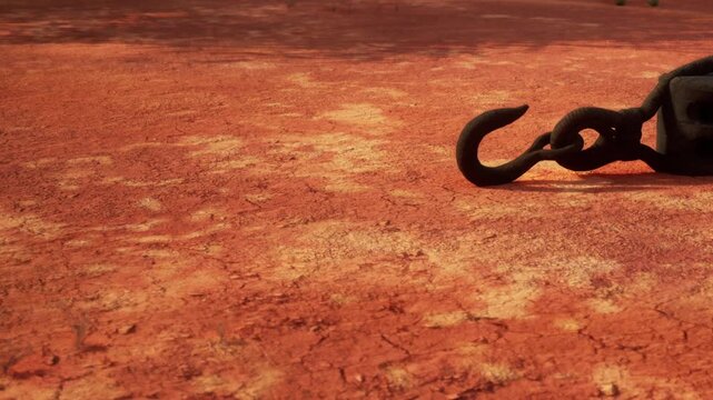 A lonely iron hook lies on parched earth, highlighting the harshness of a sun drenched environment. The ground is dry, showing patterns of cracks, a sign of the relentless heat.