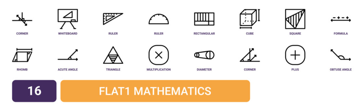 Set of 16 outline web Flat1 Mathematics icons such as obtuse angle, plus, corner, diameter, multiplication, triangle, acute angle vector icons for report, presentation, diagram, web design, mobile