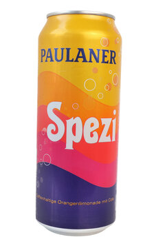 paulaner spezi soda can, german soft drink with orange and cola flavor isolated on transparent background, germany, M&uuml;nster, september 09, 2026