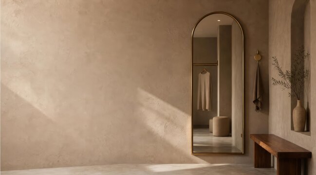 Minimalist fitting room interior with arched brass mirror