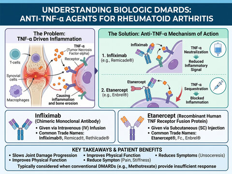 Understanding biologic dmards focusing on anti tnf alpha agents like infliximab and etanercept for treating rheumatoid arthritis by neutralizing inflammatory signaling pathways.