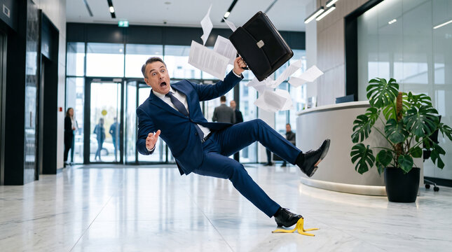 Businessman slipping on banana peel in modern office lobby with flying papers