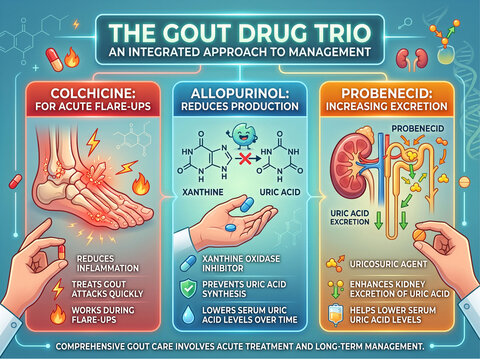 Colchicine allopurinol and probenecid forming the gout drug trio for integrated management of acute flare ups reducing uric acid production and increasing renal excretion.