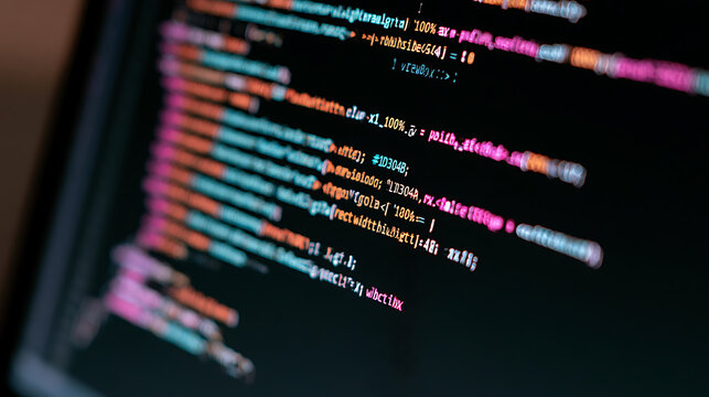 Computer screen displaying colorful software code and data syntax lines in a dark office environment for web development and engineering projects