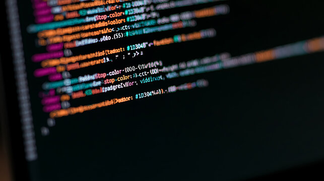Computer screen display close up view with colorful programming code syntax lines in dark mode background for software developer project use