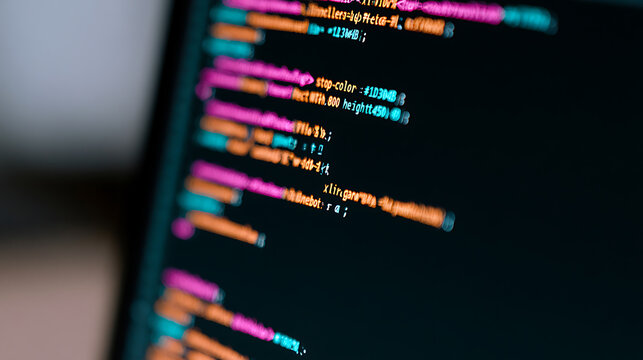 Computer screen display program code lines in syntax highlight format for software developer work in office background computer tech concept