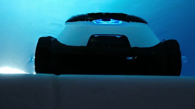 Robotic Pool Cleaning Machine Cleaning Swimming Pool Walls, 4K Video