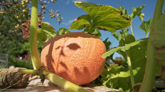Giant yellow melon pumpkin (Cucurbita maxima) growing in a garden under the large leaves. 4K footage

