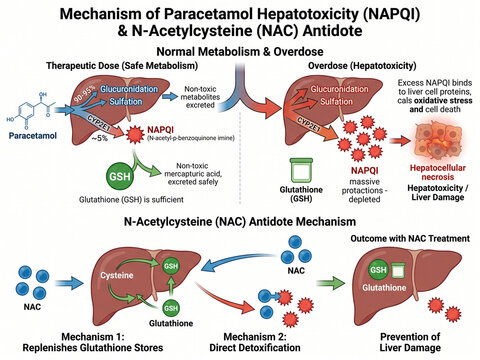 Detailed scientific illustration showing the mechanism of paracetamol hepatotoxicity and the protective biochemical action of N acetylcysteine antidote.