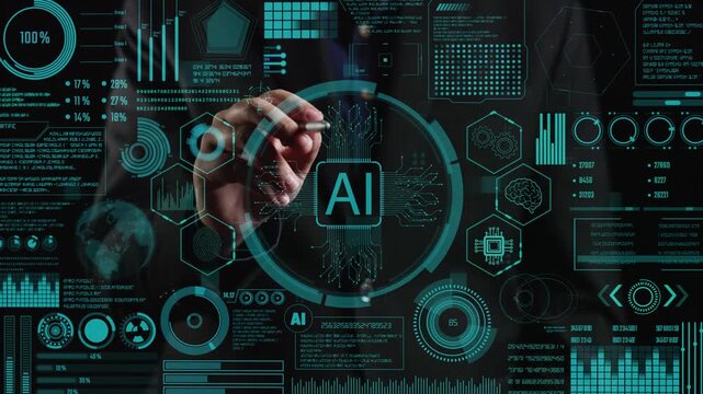 A person interacts with a futuristic dashboard showcasing AI metrics and analytics, combining technology and design for a visually compelling data visualization experience. Cipher