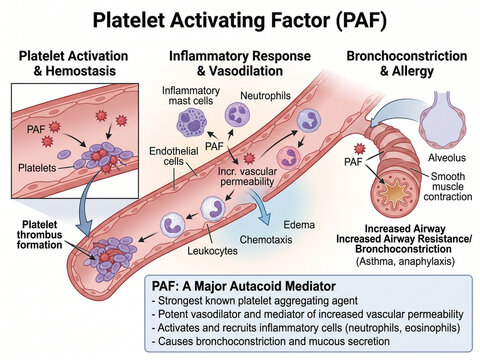 Platelet-activating factor mechanism of action infographic displaying vascular permeability and allergy inflammation response pathways.