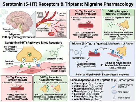 Serotonin receptors and triptans migraine pharmacology infographic detailing 5 HT pathways, cranial vasoconstriction, and clinical applications for headache relief.