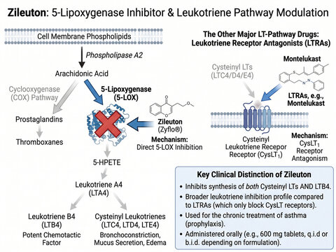 Zileuton 5 lipoxygenase inhibitor and leukotriene pathway modulation diagram highlighting clinical distinctions, receptor antagonists, and asthma prophylaxis.