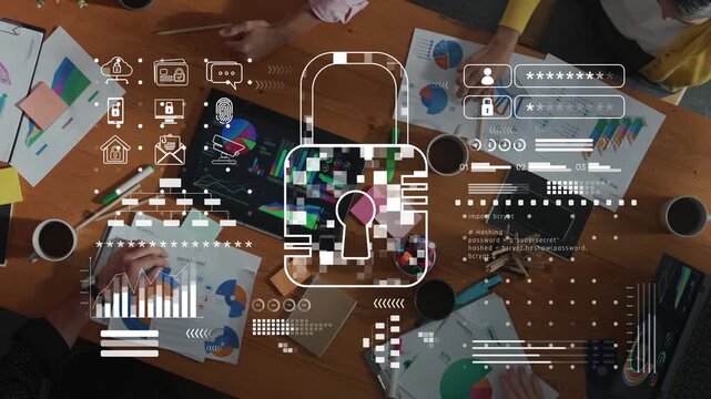 A diverse team collaborates on data analysis in a contemporary office, integrating digital security concepts with visuals, emphasizing teamwork and strategic planning. Raster