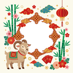 Naklejka premium Chinese New Year Goat Illustration with Traditional Ornaments Bamboo Lanterns and Flowers