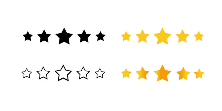 Five stars gor rating, stars fora ranking, Five Point Star Shapes Collection in Black, Gold and Outline Styles, 