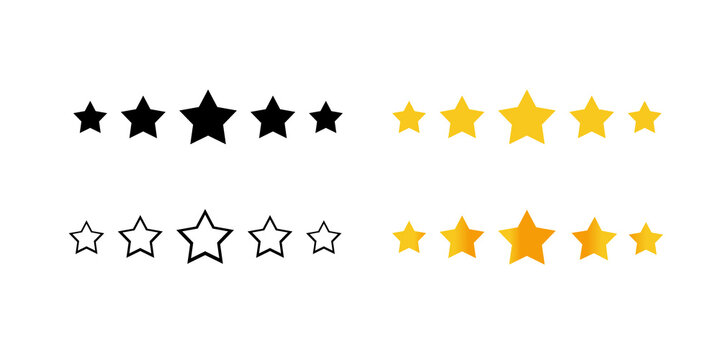 Five stars gor rating, stars fora ranking, Five Point Star Shapes Collection in Black, Gold and Outline Styles, 
