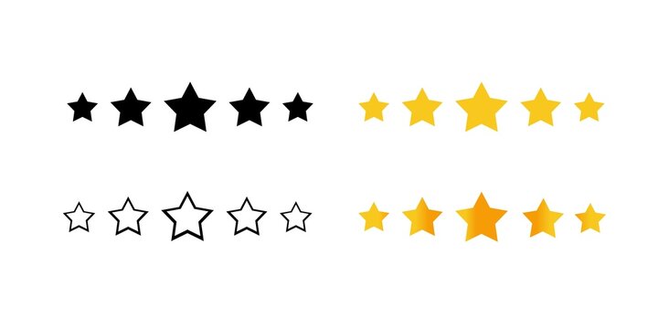 Five stars gor rating, stars fora ranking, Five Point Star Shapes Collection in Black, Gold and Outline Styles, 