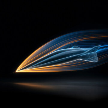 3D hypersonic aerodynamics and computational fluid dynamics CFD concept, translucent aircraft shape with glowing airflow streamlines with copy space