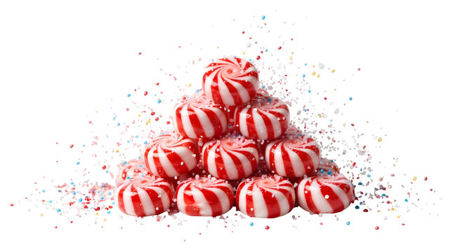 A pile of red and white striped peppermint candies on transparent background with colorful sprinkles