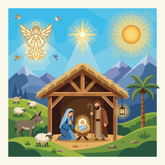 Naklejka premium Nativity Scene Illustration with Angel Star and Sheep in Stable