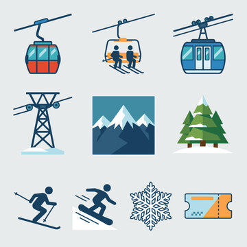 Winter Ski Resort Icons Set Featuring Cable Cars Mountains Snowflakes Skiers Snowboarders and Trees