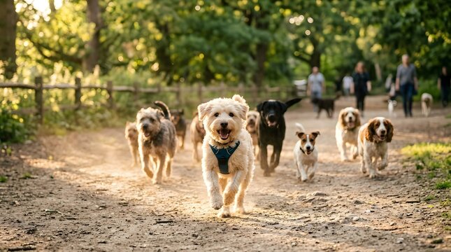 Group of happy dogs running together on a sunny park path