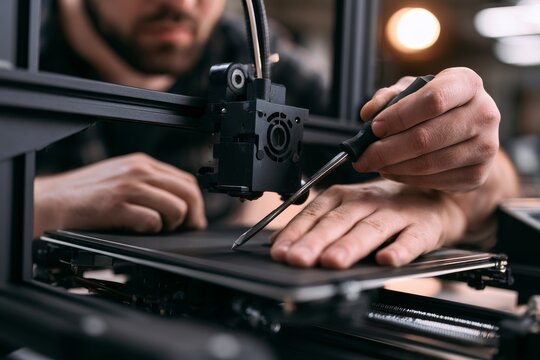 Engineer maintaining 3d printer creating new prototypes