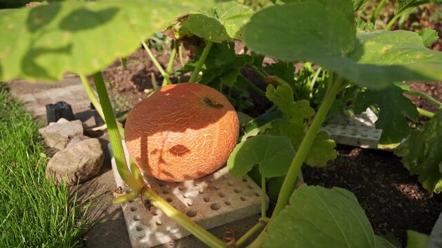 Giant yellow melon pumpkin (Cucurbita maxima) growing in a garden under the large leaves. 4K footage

