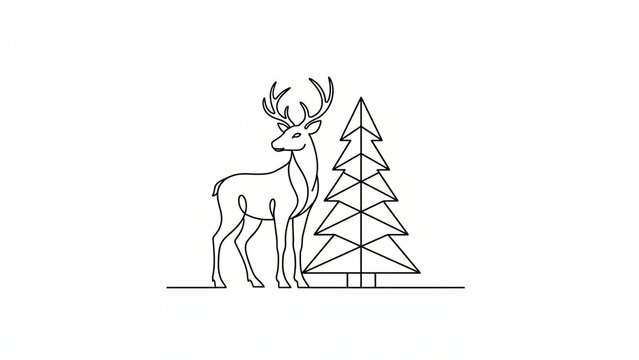 Minimalist line art deer with pine tree, elegant continuous line drawing of stag and forest evergreen, modern winter nature illustration