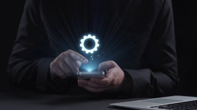 A person interacts with a smartphone, showcasing a digital badge of achievement with a glowing checkmark and star icons, symbolizing recognition and success in a business environment. Qubit