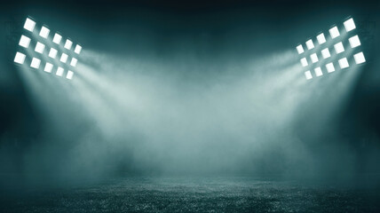 Obraz premium Bright stadium spotlight beams shining through heavy fog on empty dark green turf field.