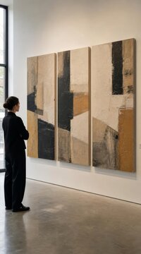 contemporary art gallery wall with abstract triptych painting