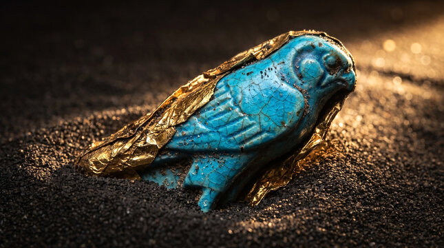 Macro photography of an ancient Egyptian turquoise falcon amulet partially wrapped in peeling gold leaf resting in dark sand