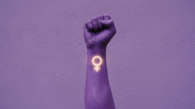 Raised purple fist with glowing female gender symbol