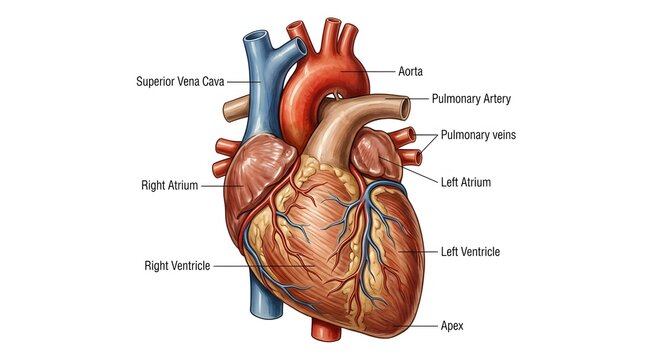 Human Heart Anatomy Diagram: A detailed illustration of the human heart, showcasing its chambers, valves, and major blood vessels, including the aorta and pulmonary artery.