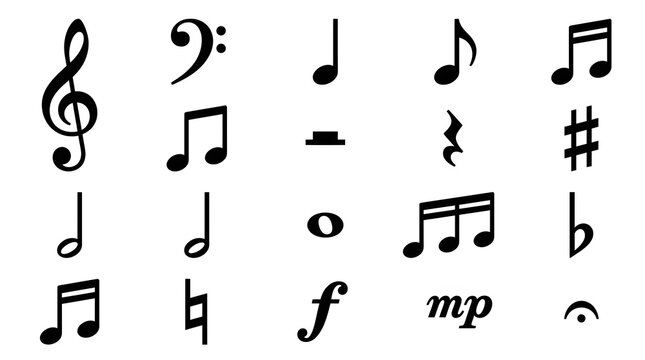 Musical Notation Symbols: A collection of various musical notation symbols, including clefs, notes, rests, and dynamic markings, arranged in a grid.