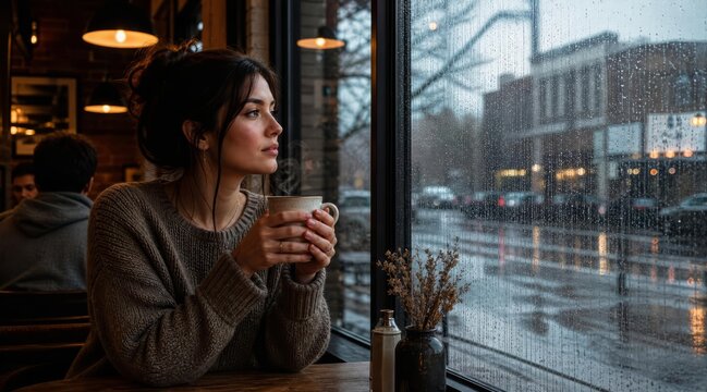 Woman holding warm mug at cafe window in rain