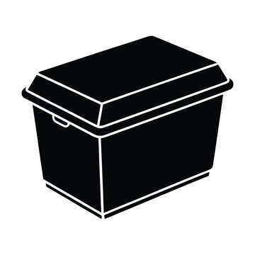 Black silhouette of a plastic storage container with a lid, simple vector icon of a rectangular box for organizing household items
