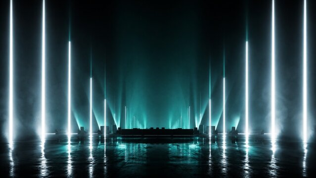 Futuristic neon light stage with vertical cyan beams. Abstract glowing laser background for concert or event. Cyberpunk tech studio floor.