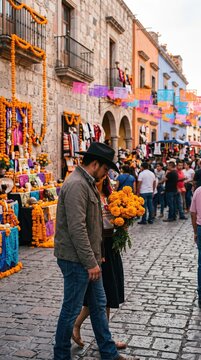 A man and woman walk through a festive Mexican street decorated with marigolds and papel picado for Day of the Dead. The scene captures traditional culture and holiday atmosphere.