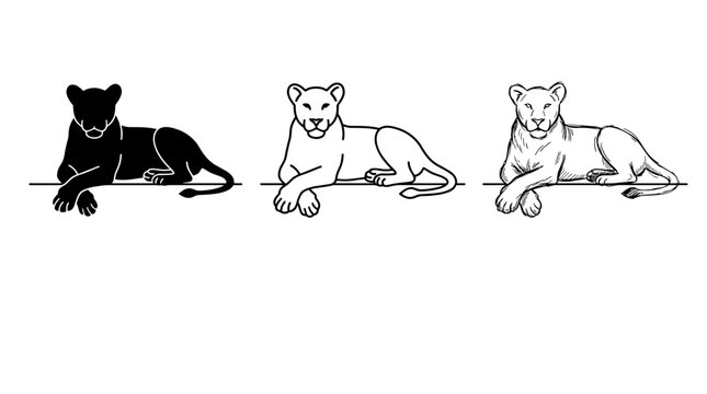 Resting lioness lion icon collection in solid silhouette outline and hand drawn sketch vector styles