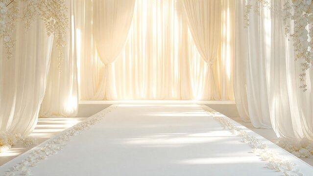 Elegant white wedding aisle with flowing silk curtains, ethereal ceremony stage background, dreamy bridal runway with soft sunlight