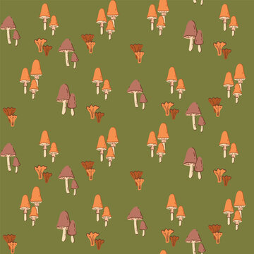 Autumn Mushroom Meadow Seamless Pattern in Warm Colors on Olive Green Background